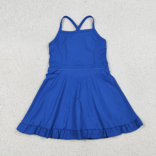 S0551 Kids Baby Girl Royal Blue Knit Knee Length Active Wear Athletic Dresses