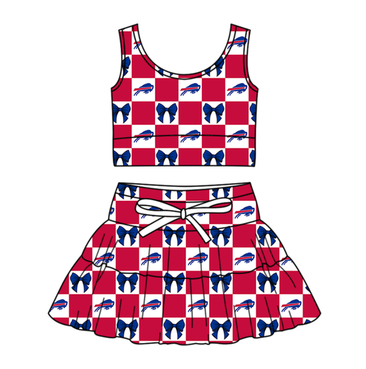 Custom Milk Silk Order MOQ:3 or 5 pcs Each Design Team State Girl Summer Bow Blue And Red Sleeveless Skirts Sets