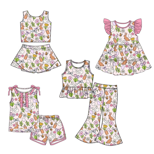 26.1.12 Custom MOQ:3 or 5 pcs each design milk silk Sibling baby girl clothes bunny bow short sleeve shorts sets and skirts sets and pants set and dress