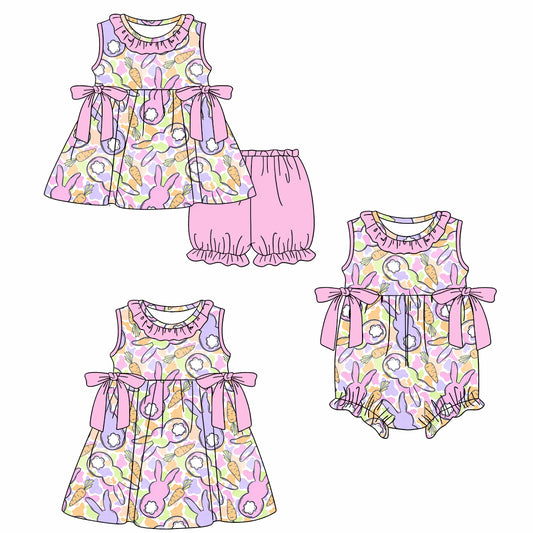 26.1.15 Custom MOQ:3 or 5 pcs each design milk silk Sibling baby girl clothes camouflage bunny short sleeve shorts sets and dress and romper