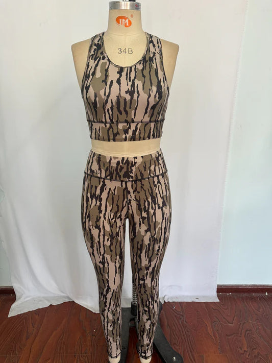 GSPO1461 Adult women's brown green camouflage sleeveless pants yoga suit