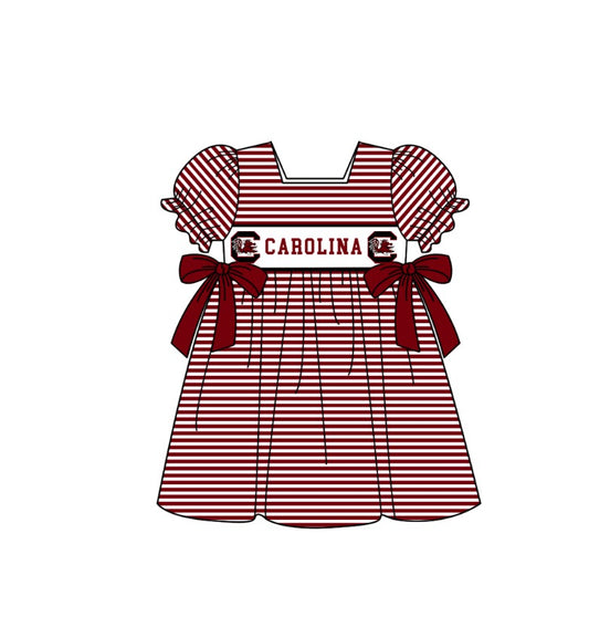 1.30 Custom Order Moq 3 Baby Girl Carolina Team Bows Stripe Ruffle Knee Length Dresses
