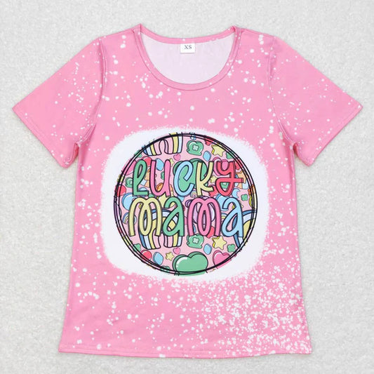 GT0378 adult lucky mama letter four-leaf clover pink short sleeves