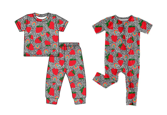 26.1.10 Custom MOQ:3 or 5 pcs each design milk silk Sibling baby girl clothes strawberry short sleeve pants sets and romper