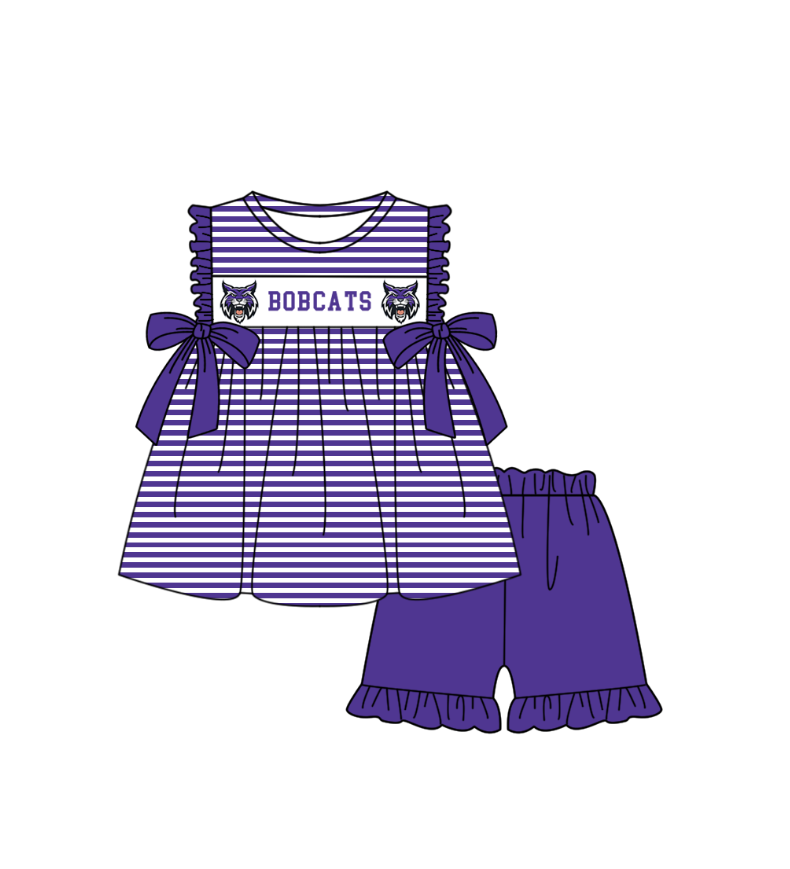 1.31 Custom Order Moq 3 Baby Girl Bobcats Team Bows Stripe Tunic Top Ruffle Shorts Clothes Sets