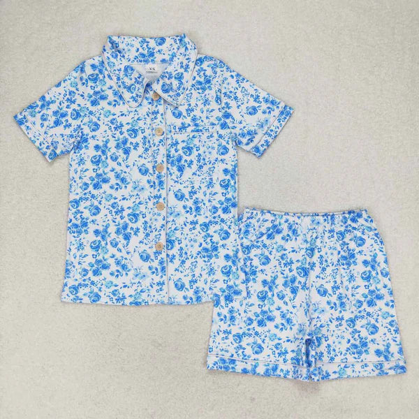 GSSO1148 Adult women blue flowers white short-sleeved shorts pajamas set