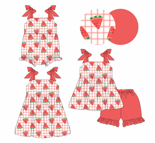 26.1.9 Custom MOQ:3 or 5 pcs each design milk silk Sibling baby girl clothes watermelon short sleeve shorts sets and dress and romper