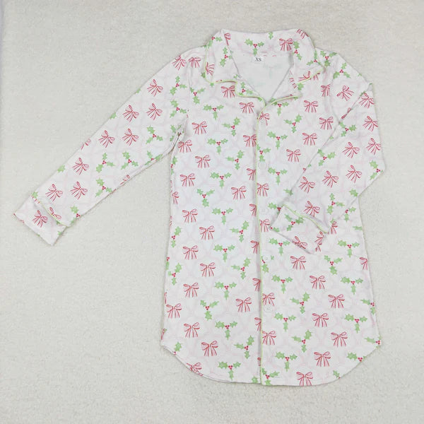 GT0661 Adult Women Christmas Bows Holly Tops Sleep Wear