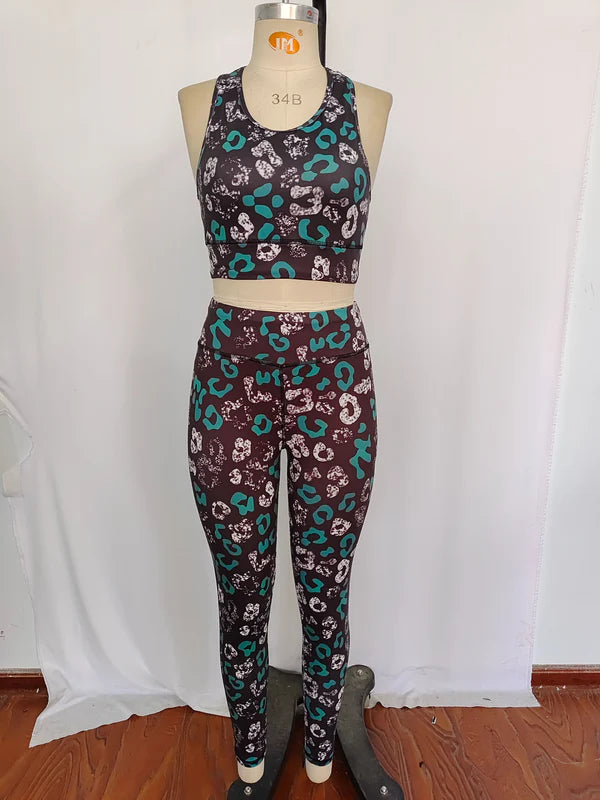 GSPO1462 Leopard print black sleeveless pants yoga suit for adult women