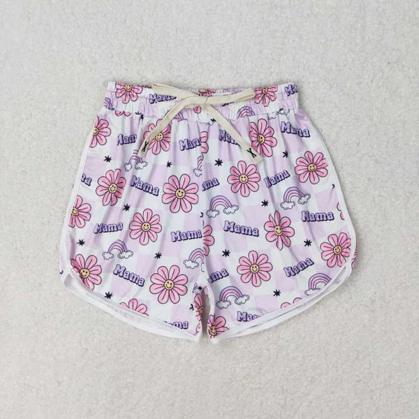 SS0172 Adult mama Flowers purple and white plaid shorts