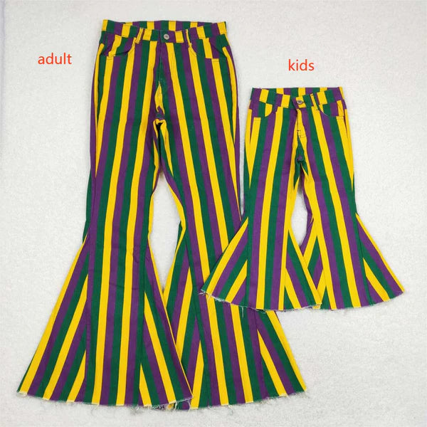 P0328 Mardi Gras Adult Purple Green Gold Striped Denim Trousers