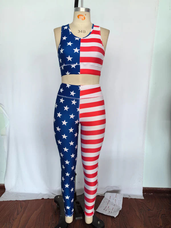 GSPO1486 4th of July Adult women Stars Red and White striped sleeveless pants Yoga suit