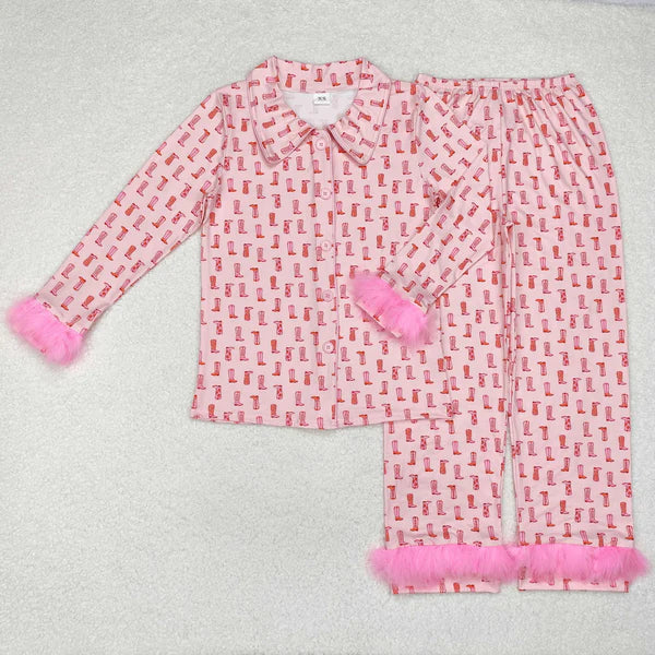 GLP1869 Adult Women Western Pink Boots Fur Tops Pants Pajamas