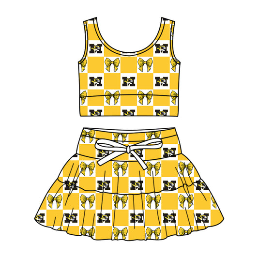 Custom Milk Silk Order MOQ:3 or 5 pcs Each Design Team State Girl Summer Bow Yellow Sleeveless Skirts Sets-26.1.19