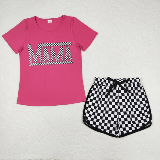 GT0574+SS0279 Adult offset mama rose short sleeve top Black and white plaid lace-up shorts Set