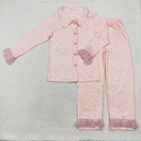 GLP1262 Adult plush border leopard print pink long sleeve pants pajama set