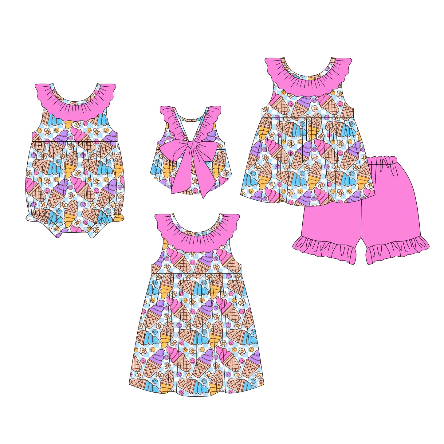 26.1.8 Custom MOQ:3 or 5 pcs each design milk silk Sibling baby girl clothes short sleeve shorts sets and dress and romper