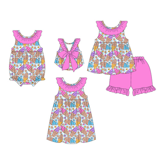 26.1.8 Custom MOQ:3 or 5 pcs each design milk silk Sibling baby girl clothes short sleeve shorts sets and dress and romper