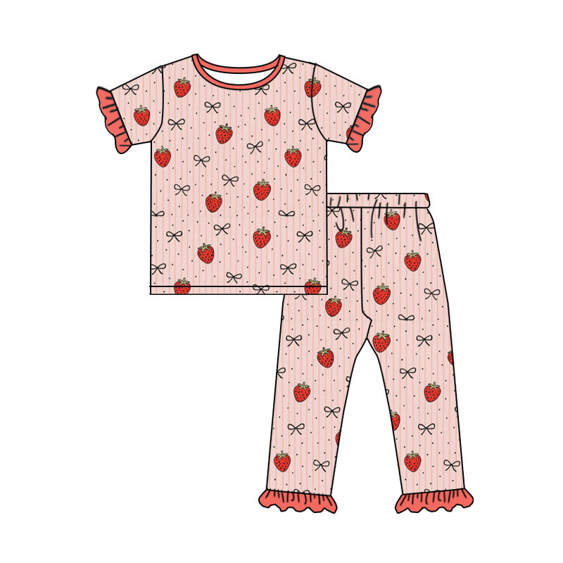26.1.3 Custom MOQ:3 or 5 pcs each design milk silk baby girl clothes strawberry bow short sleeve pants sets