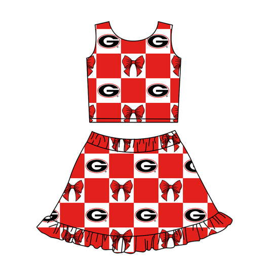 Custom Milk Silk Order MOQ:3 or 5 pcs Each Design Team State Girl Summer Bow Red Sleeveless Skirts Sets-26.1.17