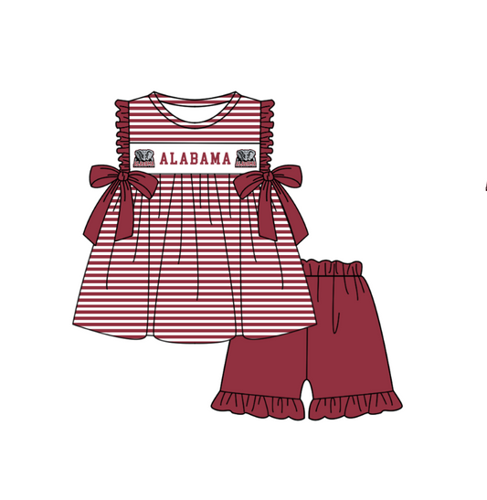 1.29 Custom Order Moq 3 Baby Girl Alabama Team Bows Stripe Tunic Top Ruffle Shorts Clothes Sets