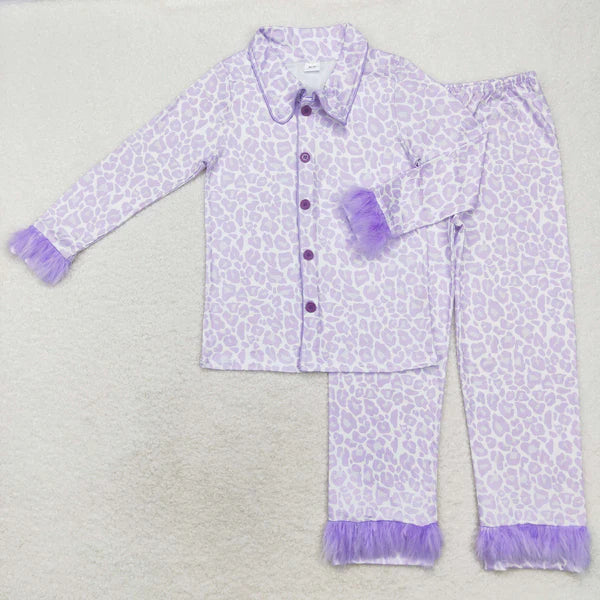 GLP1263 Adult plush border leopard print purple long sleeve pants pajama set