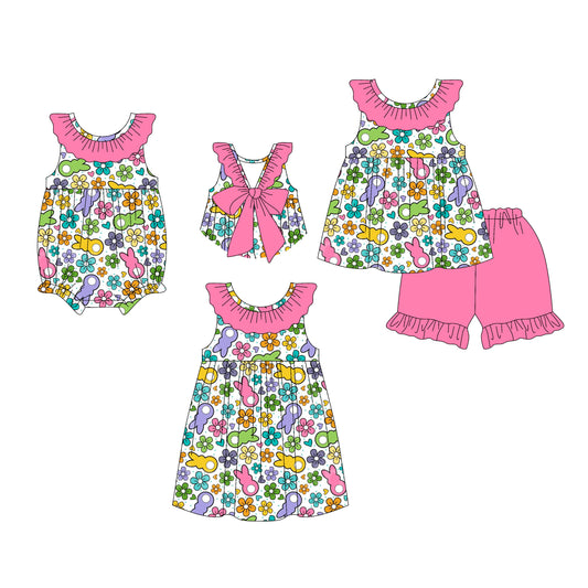 26.1.5 Custom MOQ:3 or 5 pcs each design milk silk Sibling baby girl clothes easter floral short sleeve shorts sets and dress and romper