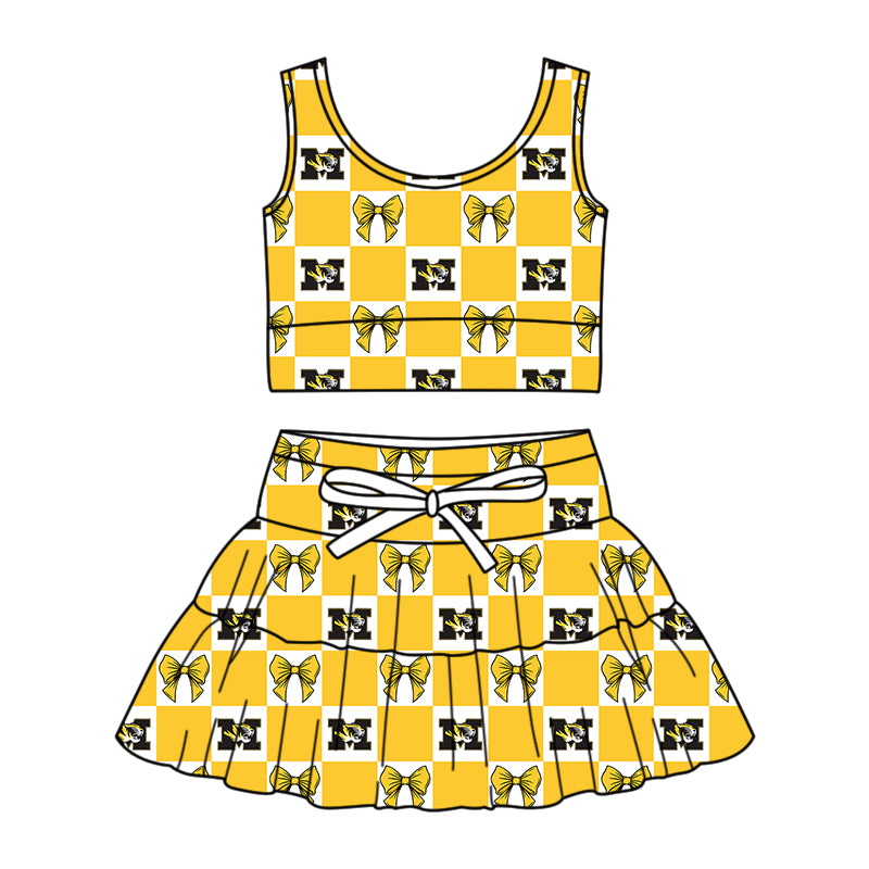 Custom Milk Silk Order MOQ:3 or 5 pcs Each Design Team State Girl Summer Bow Yellow Sleeveless Skirts Sets 3 and dress and shorts-26.1.19
