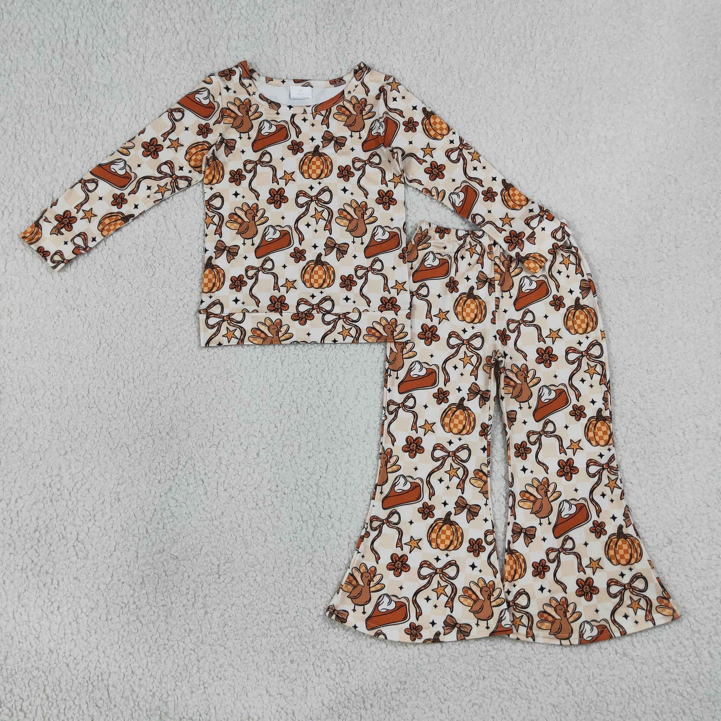 GLP3420 Kids Baby Girls Turkey Pumpkins Top Flare Pants Thanksgiving Clothes Sets