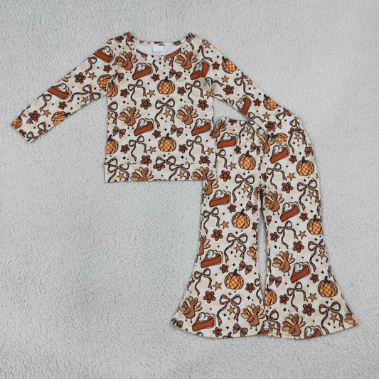 GLP3420 Kids Baby Girls Turkey Pumpkins Top Flare Pants Thanksgiving Clothes Sets