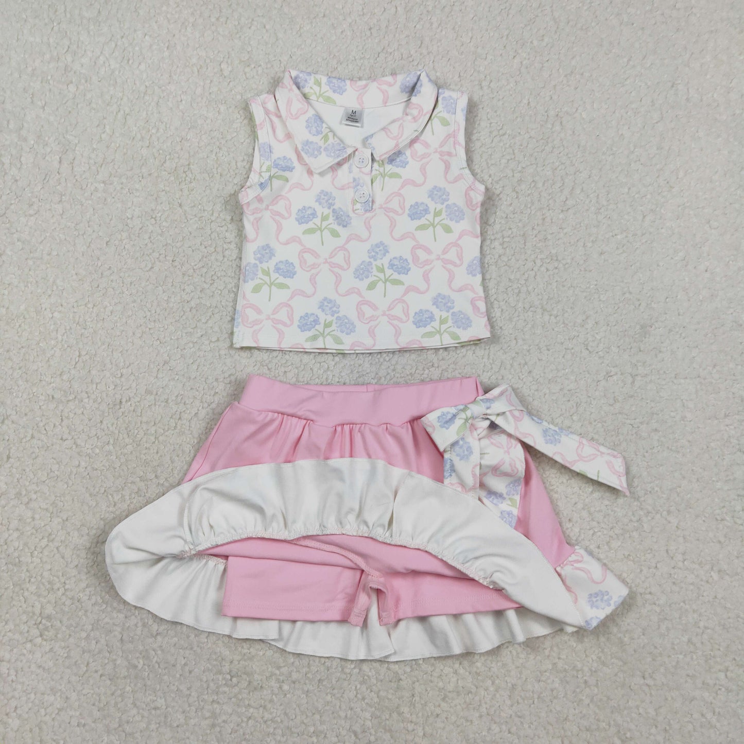 GSD3478 Kids Baby Girl Bows Flowers Button Vest Top Ruffle Skirt Shorts Yoga Active Clothes Sets