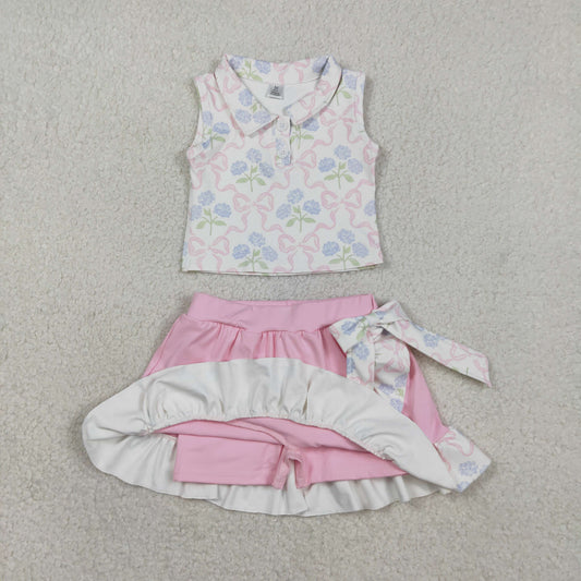 GSD3478 Kids Baby Girl Bows Flowers Button Vest Top Ruffle Skirt Shorts Yoga Active Clothes Sets