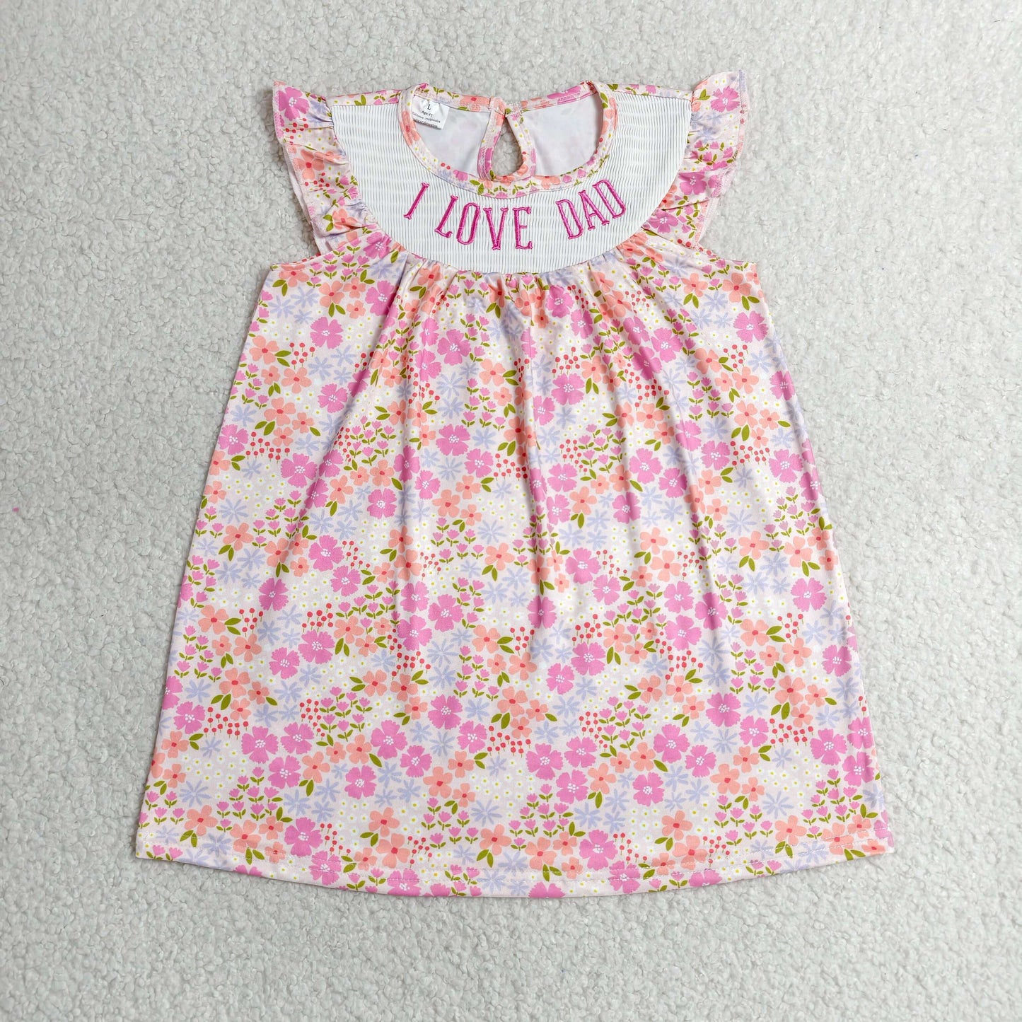 GSD3986 Kids Smocked I Love Dad Baby Girls Flutter Sleeve Flowers Knee Length Dresses