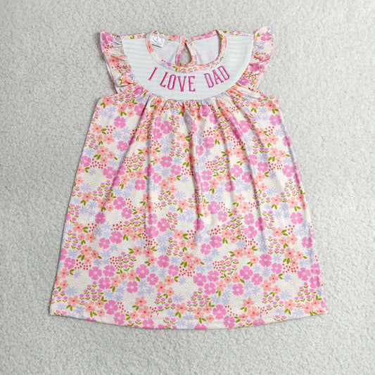 GSD3986 Kids Smocked I Love Dad Baby Girls Flutter Sleeve Flowers Knee Length Dresses