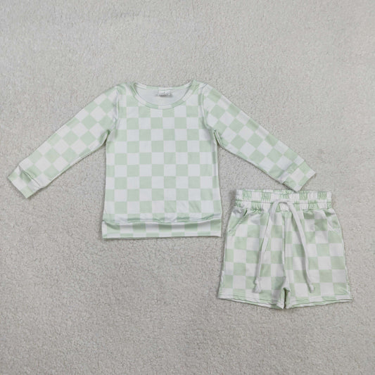 GLS0086 Kids Baby Girl Light Green Checked Long Sleeve Top Pockets Shorts Clothes Sets
