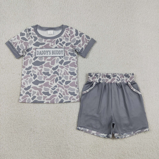 BSSO1838 Kids Embroidery Daddy's Buddy Light Grey Camo Top Pockets Shorts Clothes Sets
