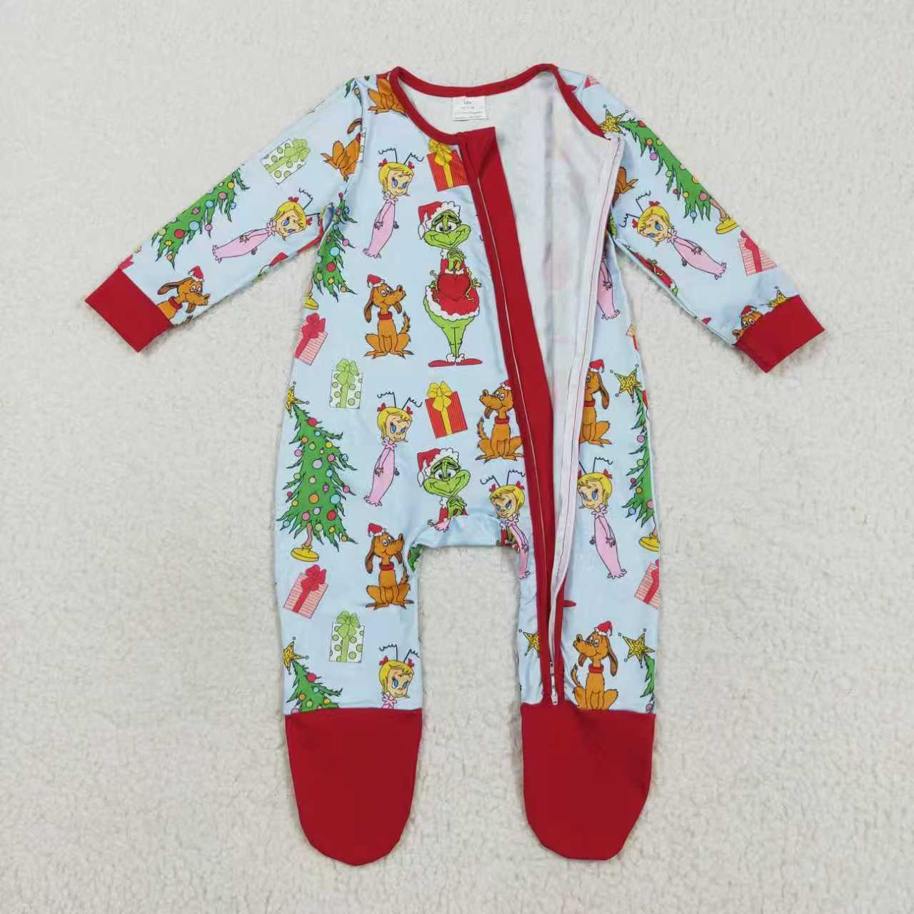Sibling Baby Kids Boys Green Face Miss Christmas Pajamas Set Zipper Footed Romper
