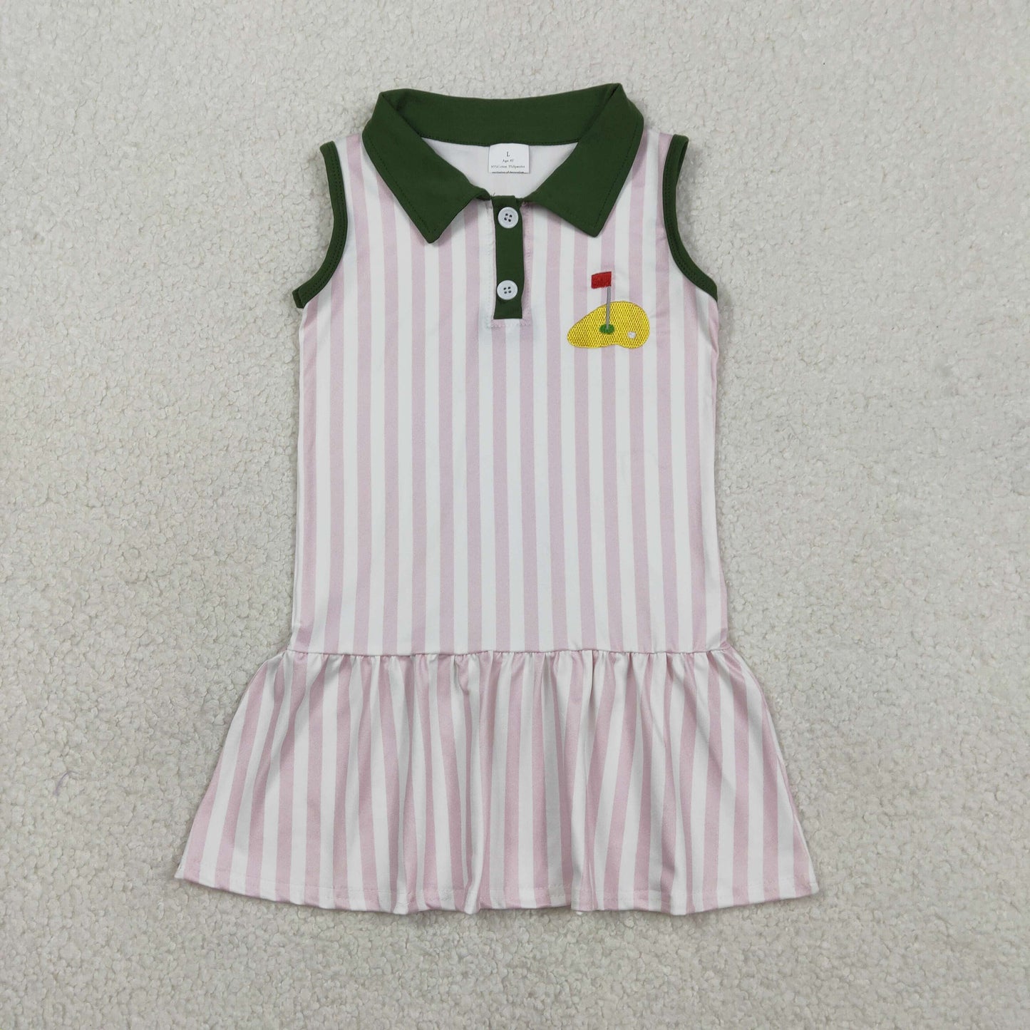 RTS NO MOQ（In Stock) GSD3142 Embroidered Golf Course Red Flag Pink Vertical Striped Button-Down Neckline Sleeveless Dress