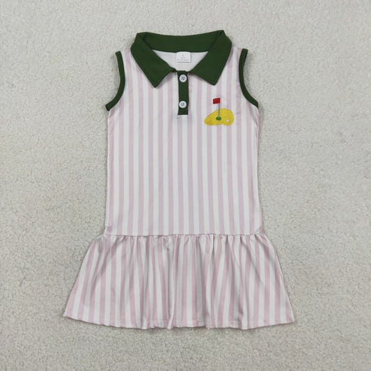RTS NO MOQ（In Stock) GSD3142 Embroidered Golf Course Red Flag Pink Vertical Striped Button-Down Neckline Sleeveless Dress