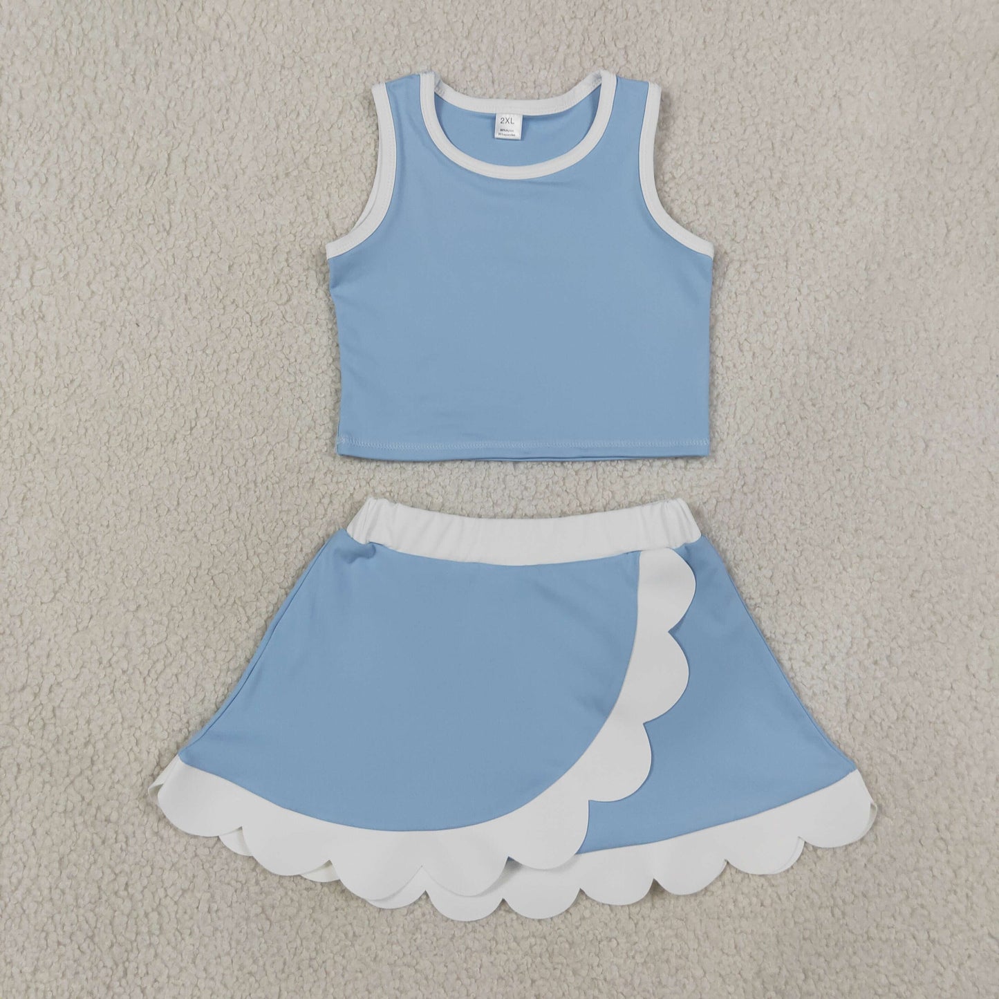 GSD4084 Kids Baby Girls Light Blue Crop Scallop Skirt Short Yoga Active Clothes Sets