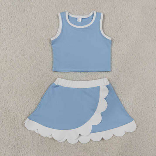 GSD4084 Kids Baby Girls Light Blue Crop Scallop Skirt Short Yoga Active Clothes Sets