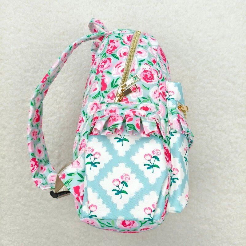 BA0100 Pink flowers light blue backpack