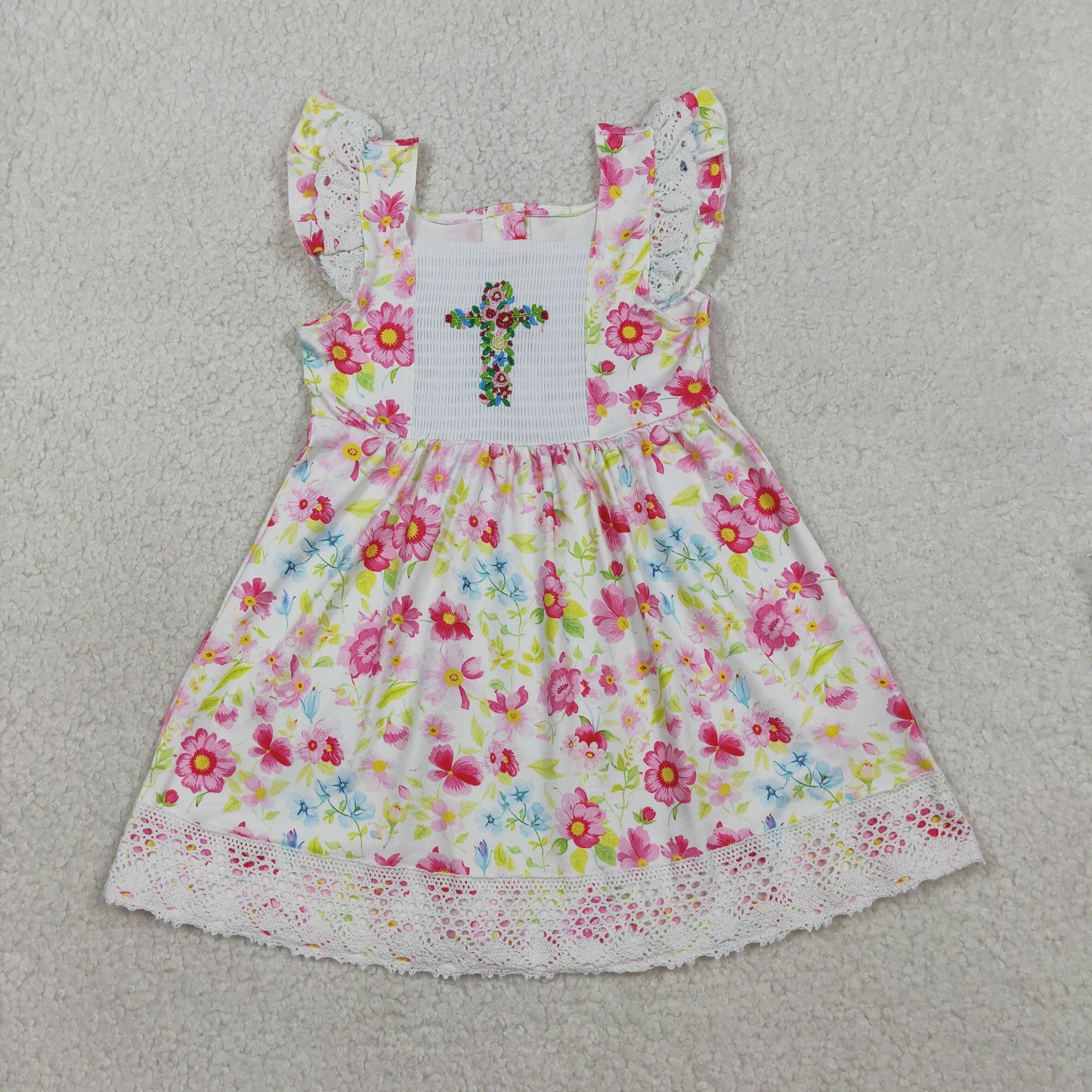 GSD3313 Kids Smocked Floral Cross Baby Girls Easter Lace Ruffle Knee Length Dresses