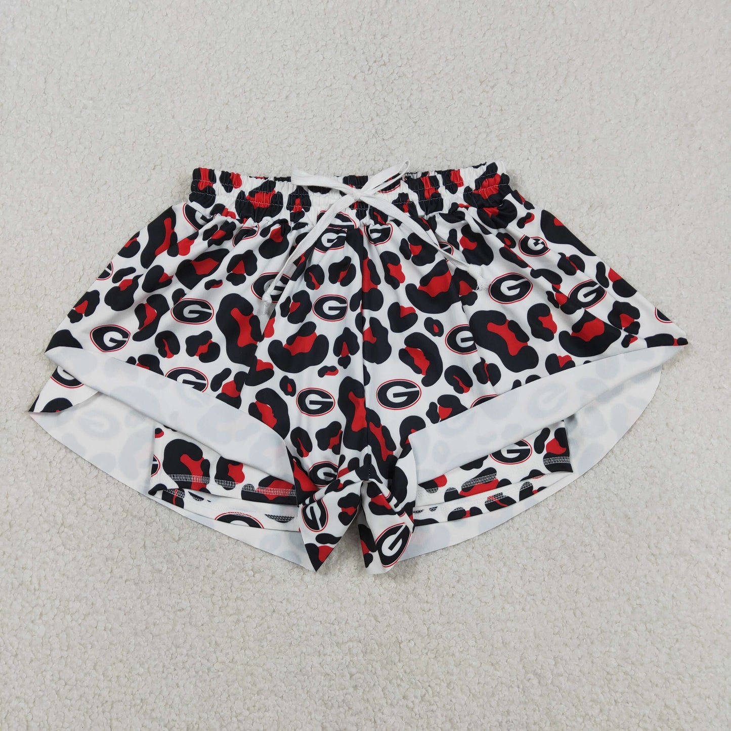 SS0804 Adult Women Black Red Leopard G Team Yoga Active Ruffle Shorts Bottoms