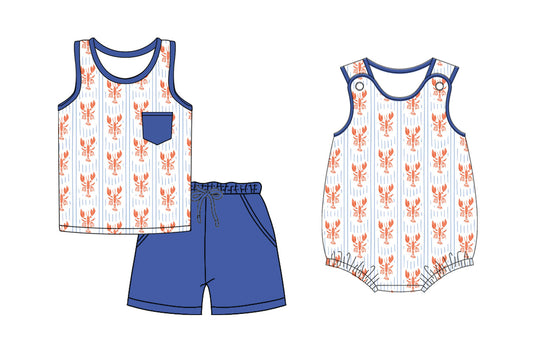 26.1.3 Custom MOQ:3 or 5 pcs each design milk silk Sibling baby boy clothes lobster short sleeve shorts sets and romper