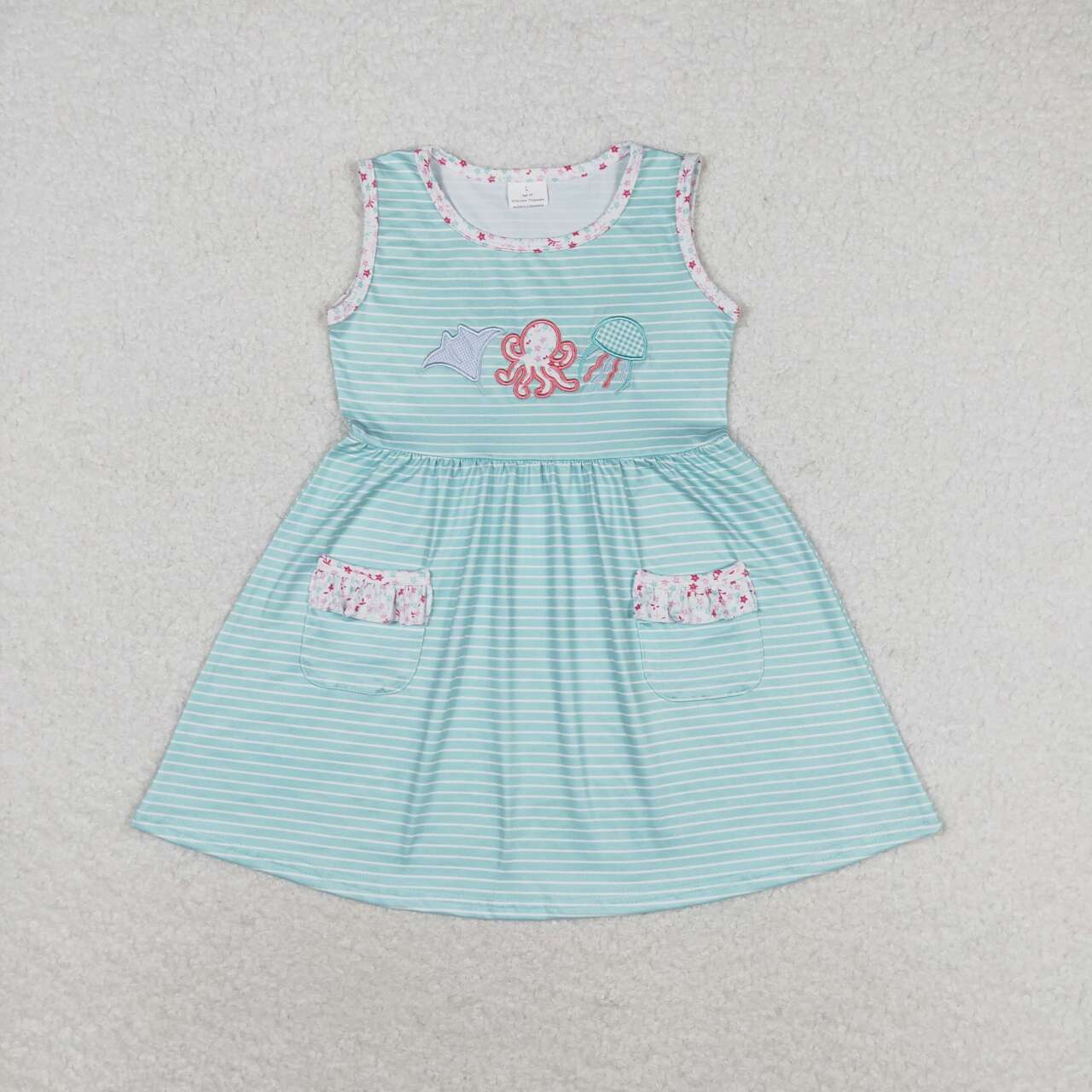 GSD0963 Embroidered octopus jellyfish striped turquoise sleeveless dress