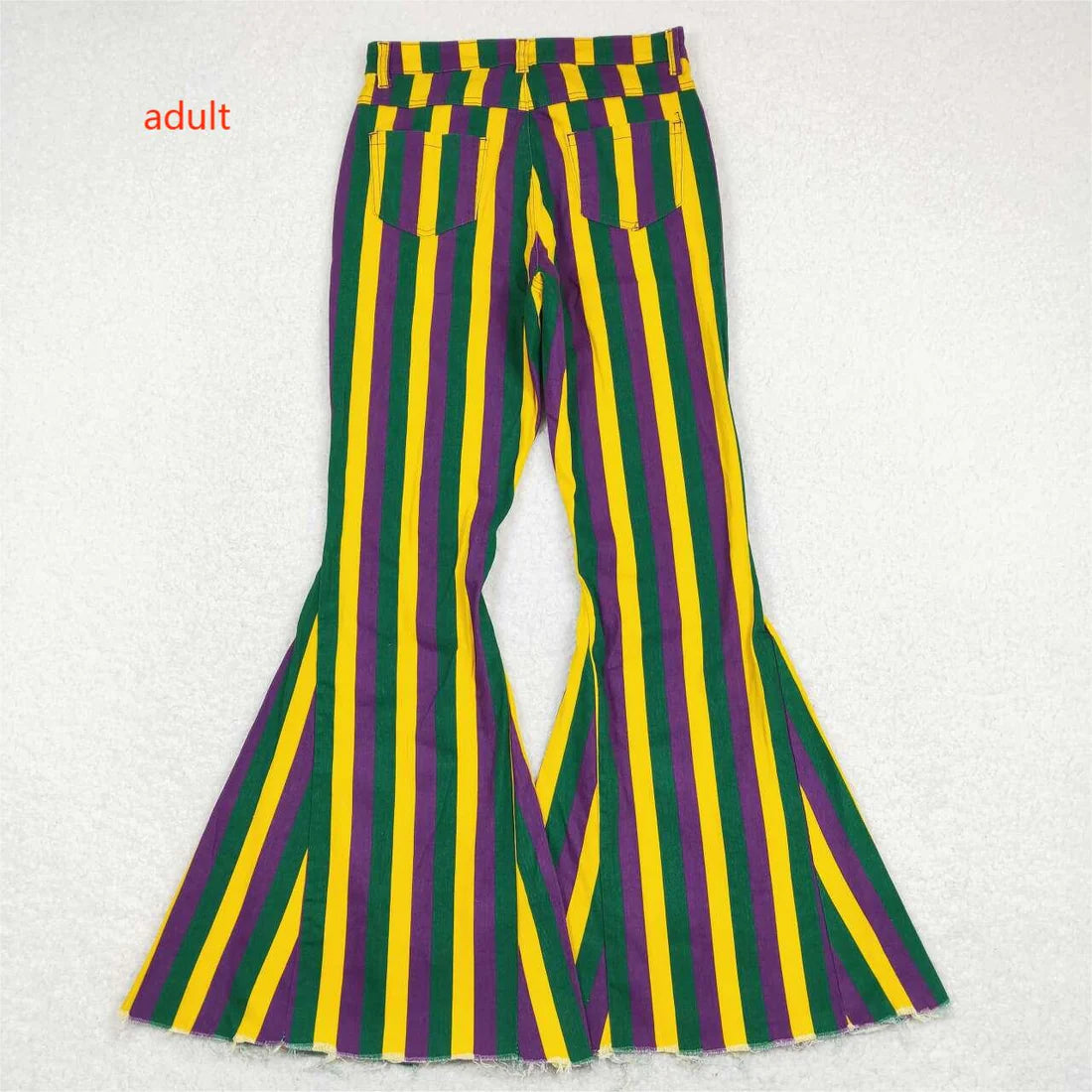 P0328 Mardi Gras Adult Purple Green Gold Striped Denim Trousers