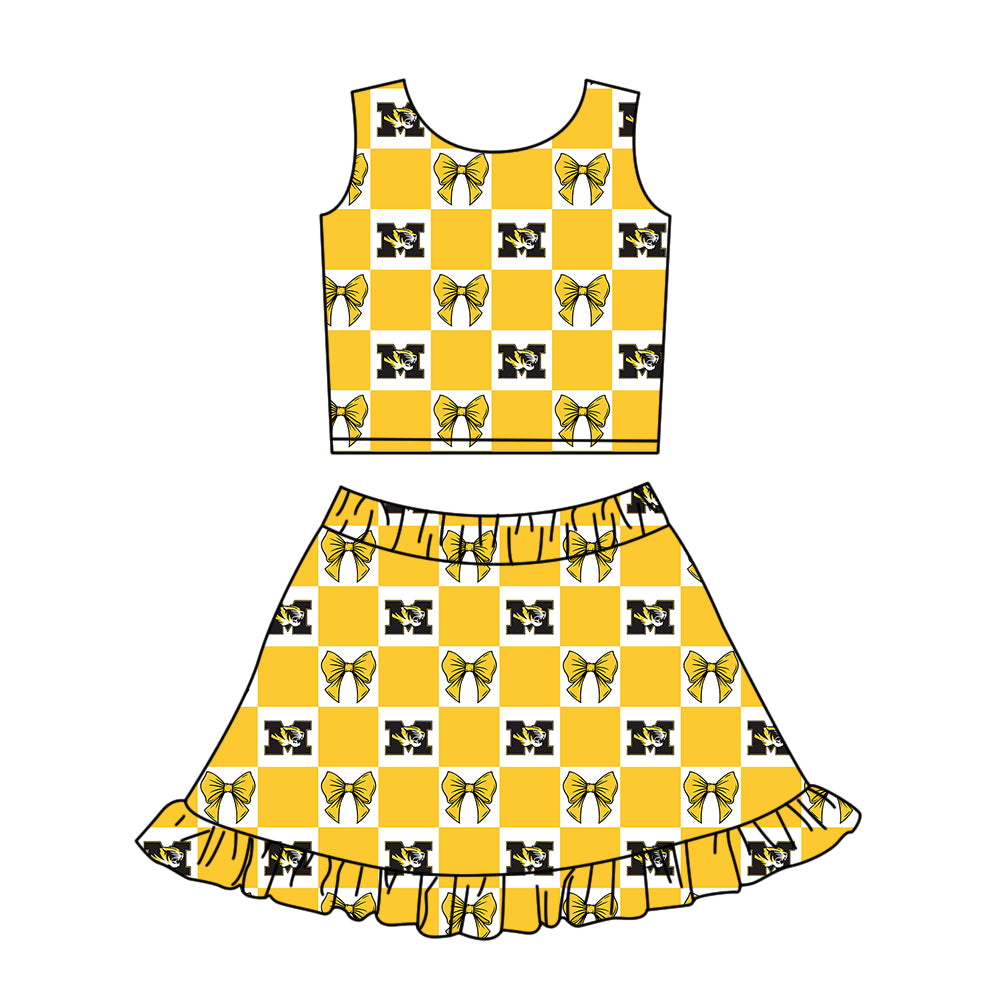 Custom Milk Silk Order MOQ:3 or 5 pcs Each Design Team State Girl Summer Bow Yellow Sleeveless Skirts Sets-26.1.19