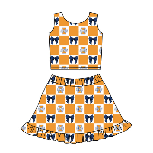 Custom Milk Silk Order MOQ:3 or 5 pcs Each Design Team State Girl Summer Bow Orange Sleeveless Skirts Sets-26.1.20