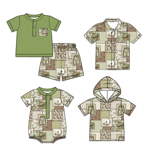 26.1.15 Custom MOQ:3 or 5 pcs each design milk silk Sibling baby boy clothes camouflage duck hat short sleeve shorts sets and tops 2 and romper